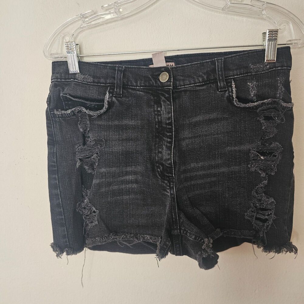 H&M Dark Gray Distressed Cut Off Raw Hem High Waist Denim Jeans Shorts 10